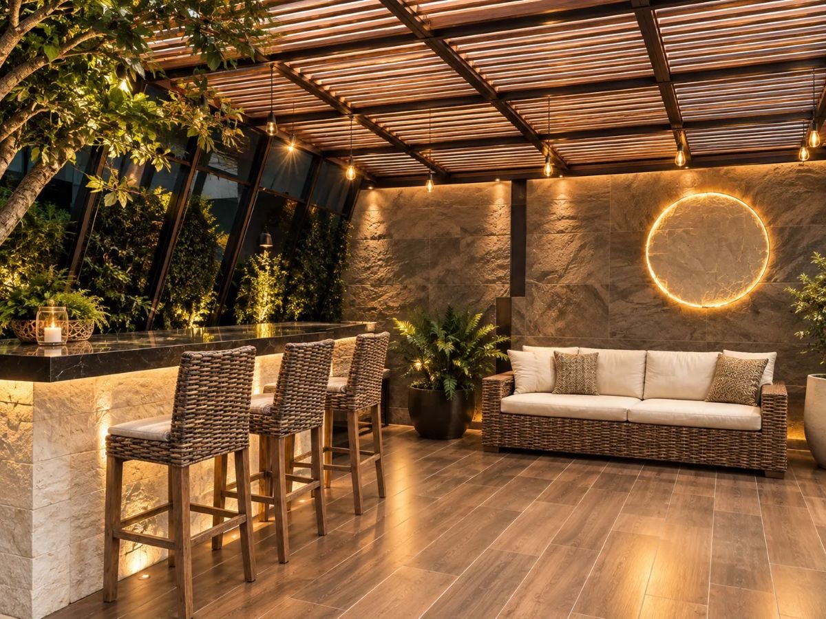 Terraza remodelada de Casa Crisantemo con pérgola de madera, barra y sala exterior