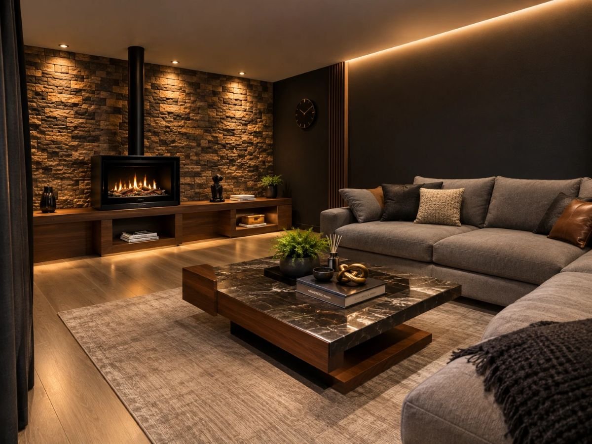 Sala de Casa Monrovia remodelada, con chimenea, muro de piedra y mueble de madera empotrado